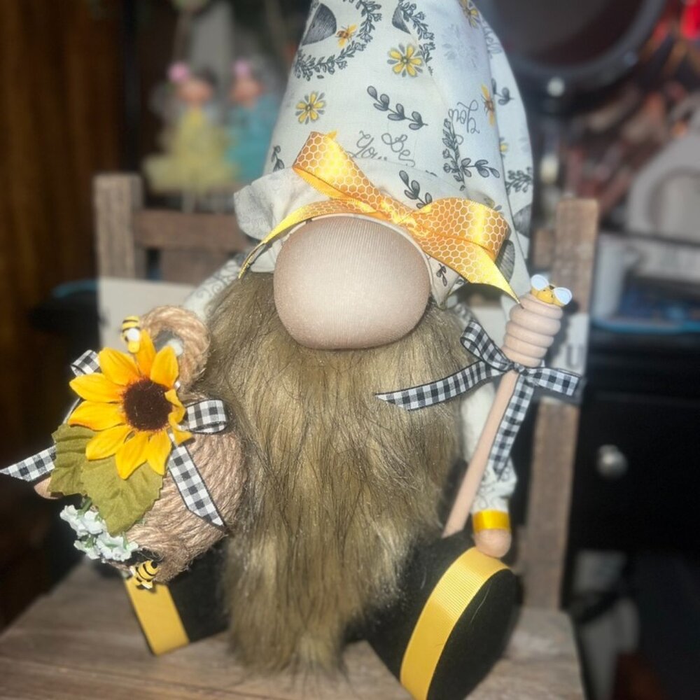 Handmade 13" Spring Bee Gnome - Sunflower & Honey Spoon